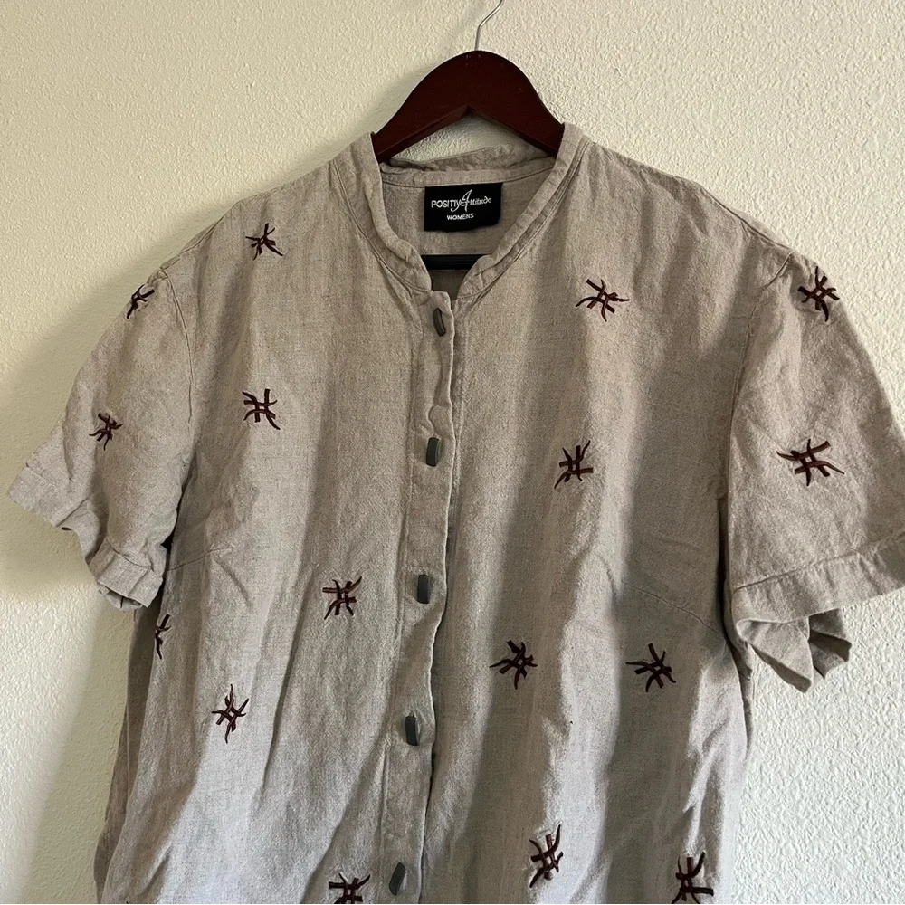 Vintage Positive Attitude Button Up Short Sleeved Linen Type Shirt Tan Floral - Picture 4 of 11